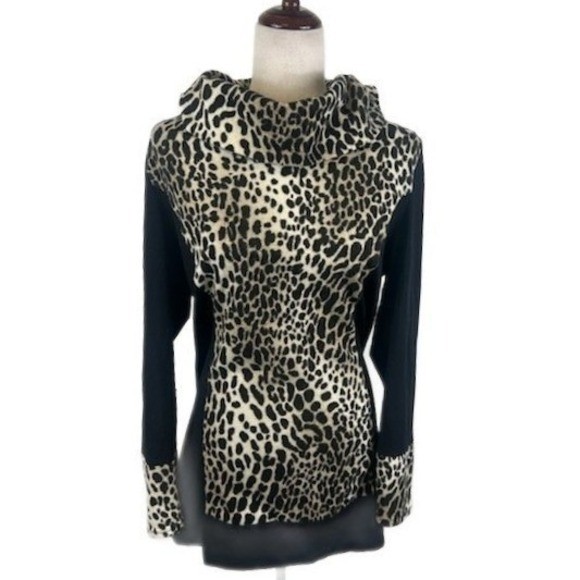 Y2K Vintage Joseph Ribkoff Cowl Neck Leopard Print Tunic Top Black Size 14