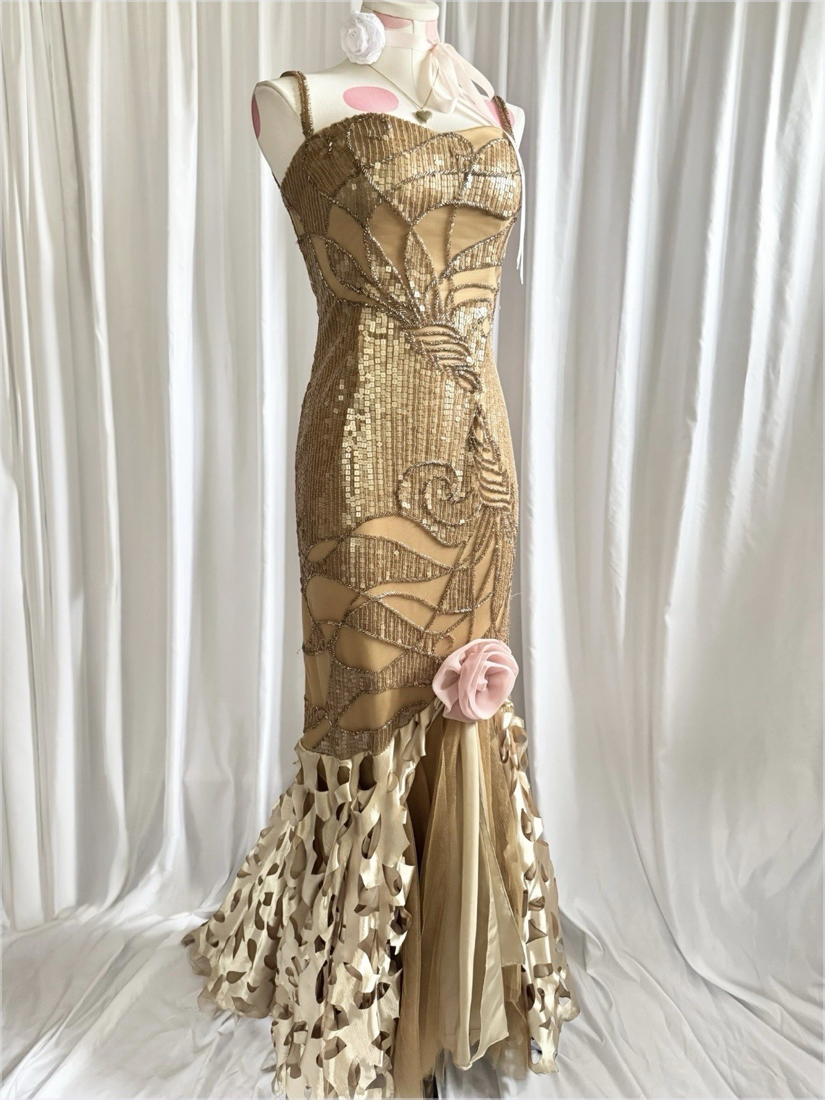 Vintage Gold Fairy Beaded Sequin Ruffle Mesh Vacation Princess Formal Gown Dress