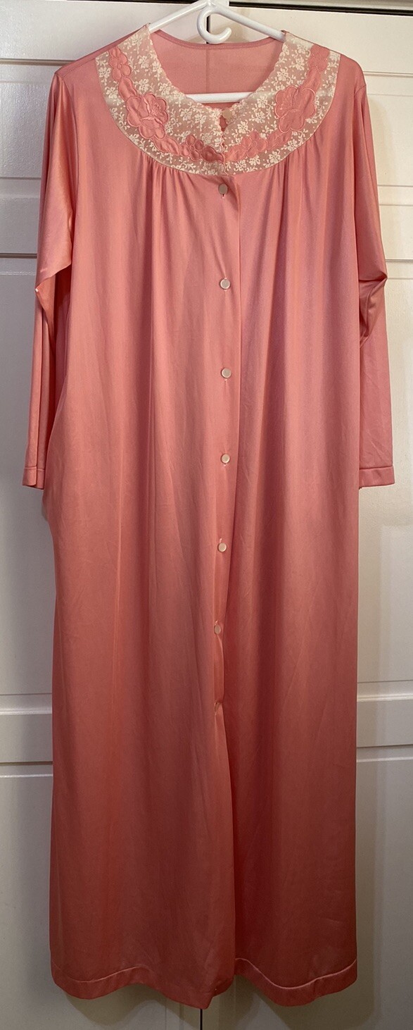 Vintage Katz Long Robe Cover Up Nylon w/ Lace Dressing Gown Button Up Medium