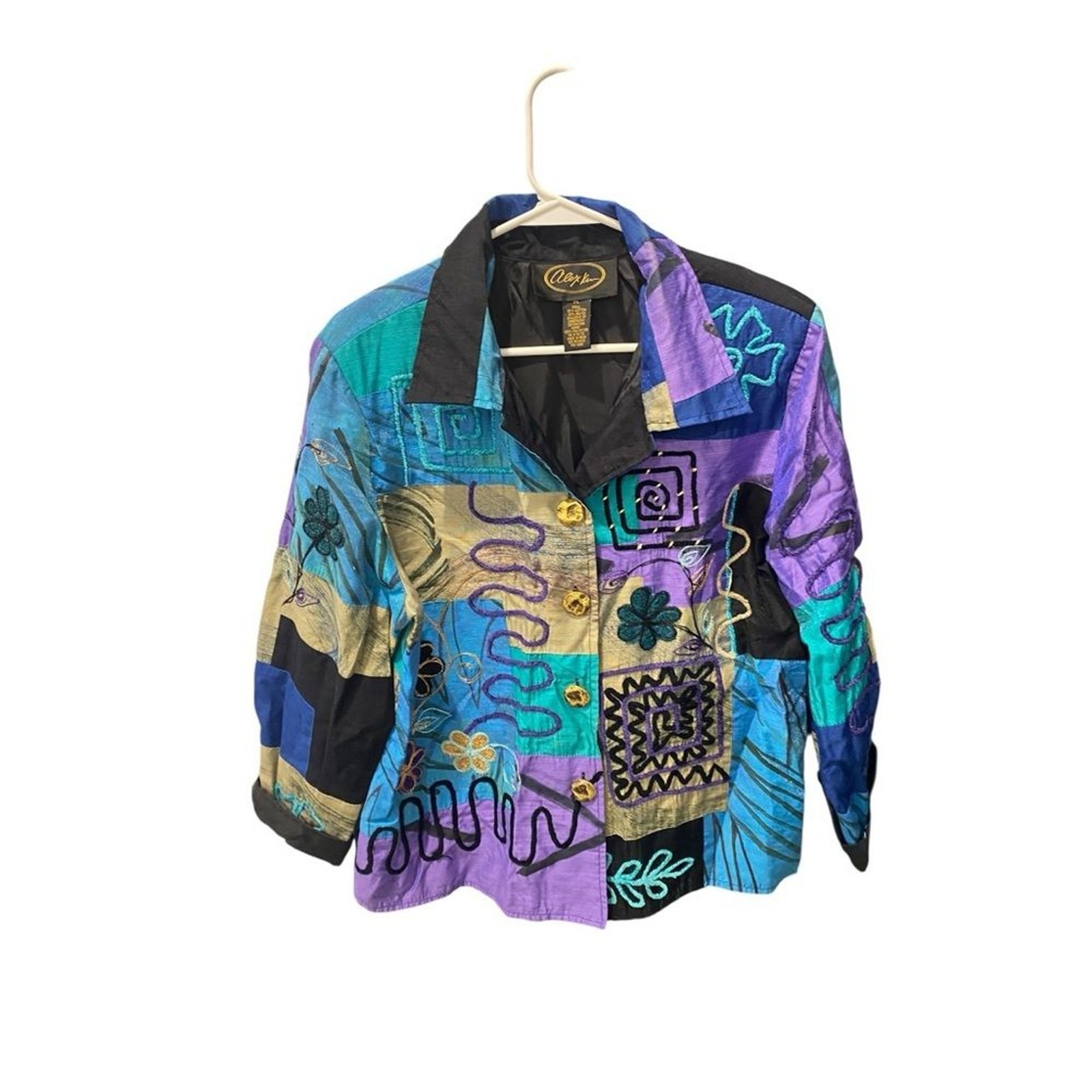 ALEX KIM Womens Artistic Patchwork Blazer 90s Vintage Cotton Rayon Size PL