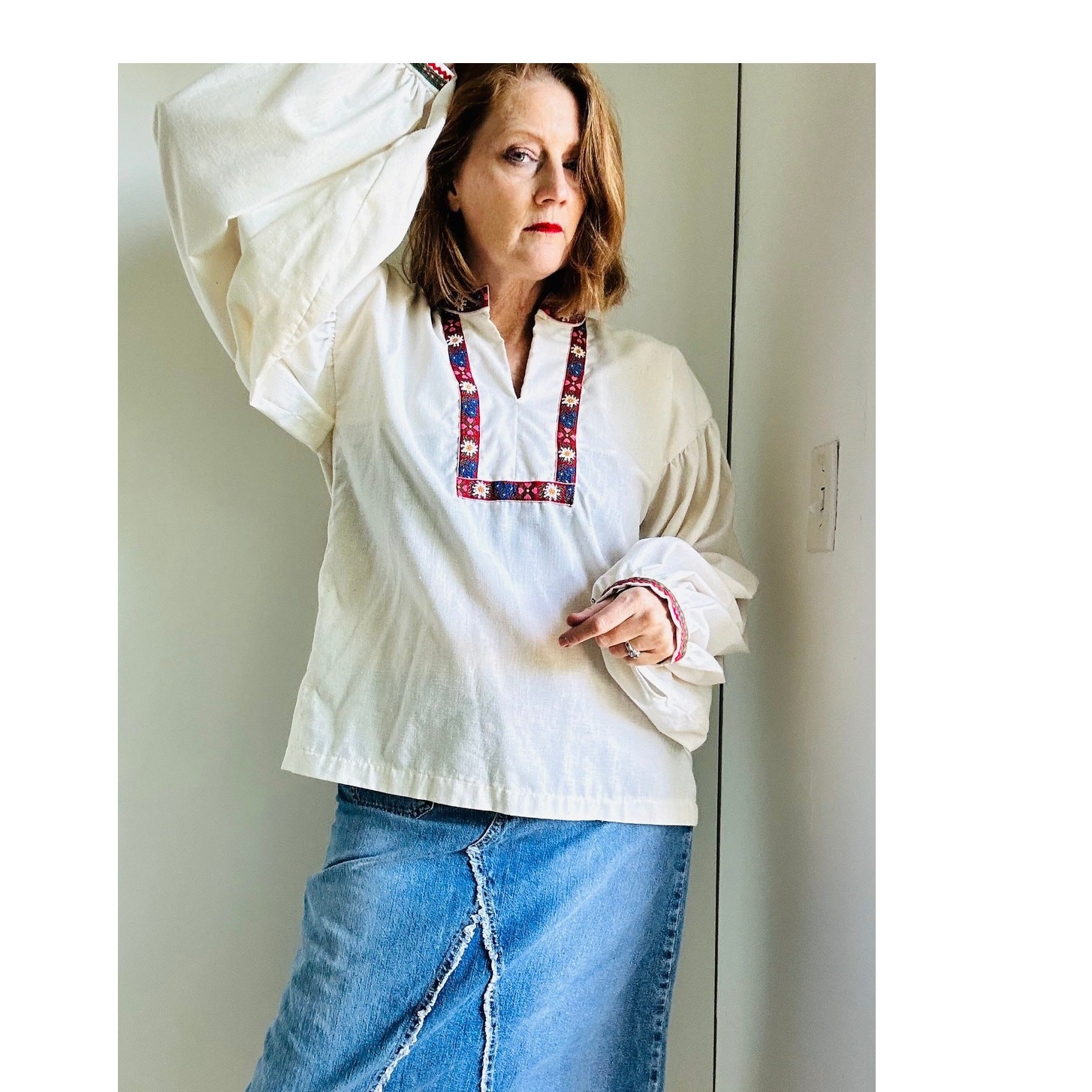 Vintage 70s Boho Peasant Blouse L XL Handmade Cotton Embroidered Folk Top