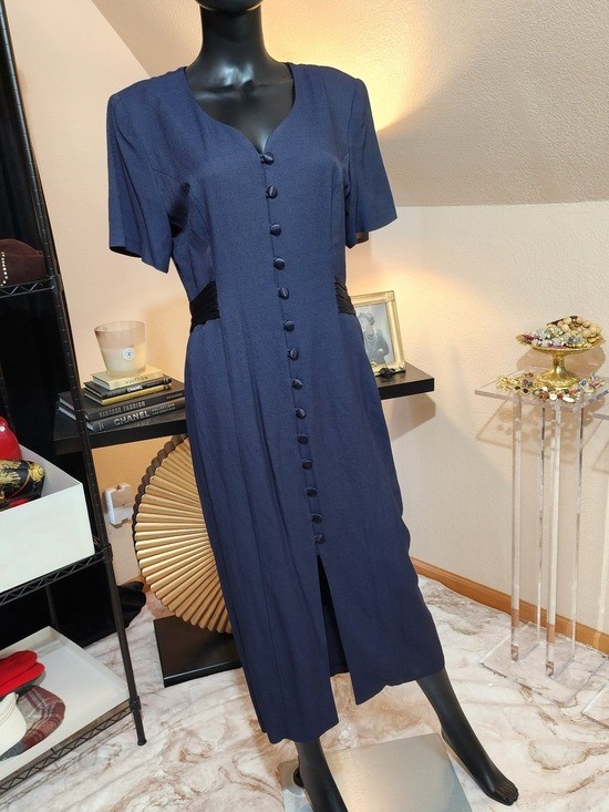 Vintage 1990s Betsy’s Things Navy Button Front Midi Dress Rayon Acetate Size 10