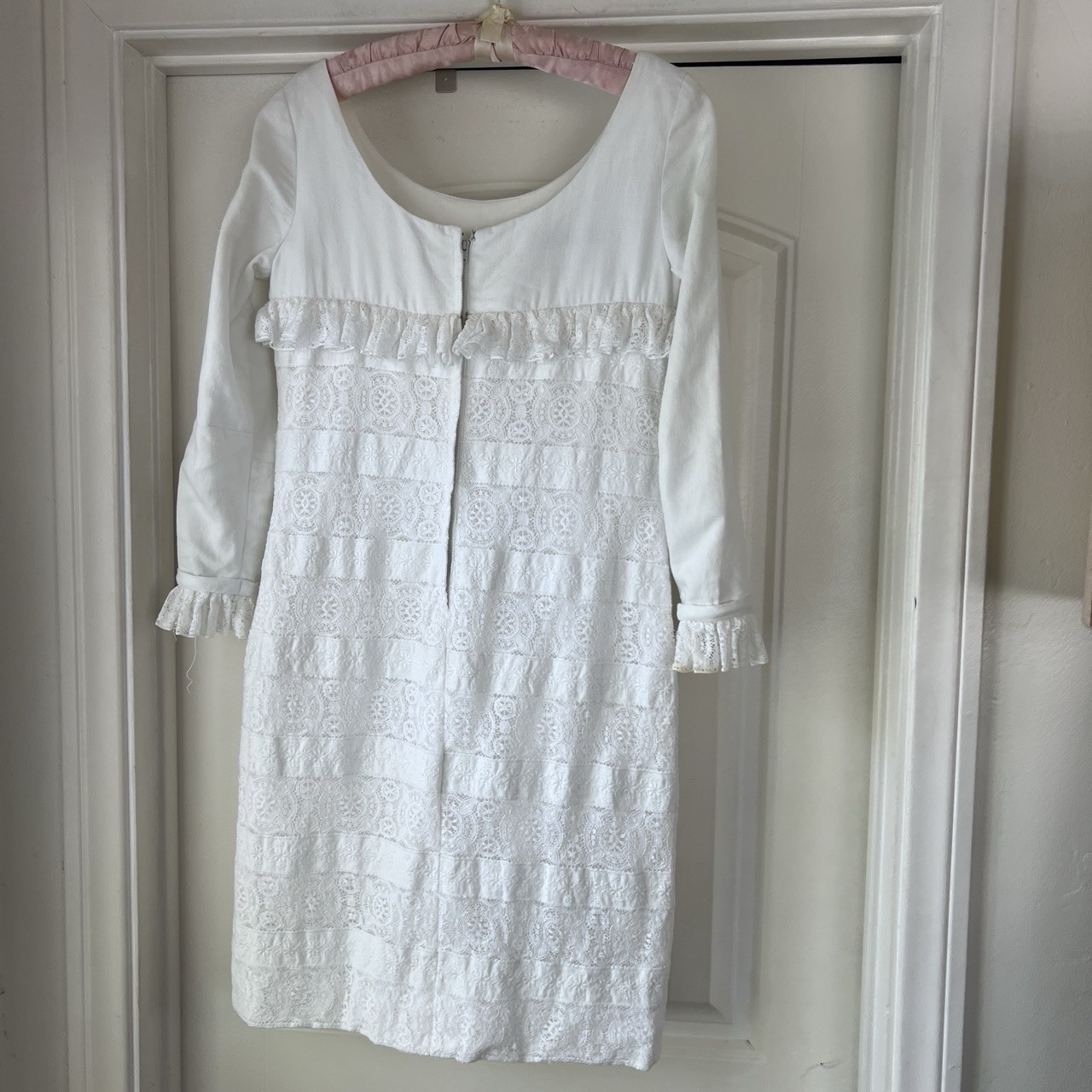 Vtg 60s S. Howard Hirsh California White Scoop Neck Lace Ruffle Day Dress Prep M
