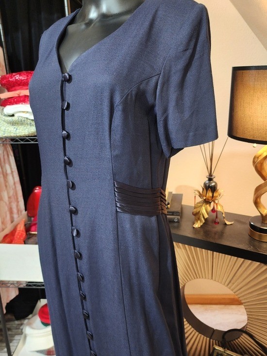 Vintage 1990s Betsy’s Things Navy Button Front Midi Dress Rayon Acetate Size 10