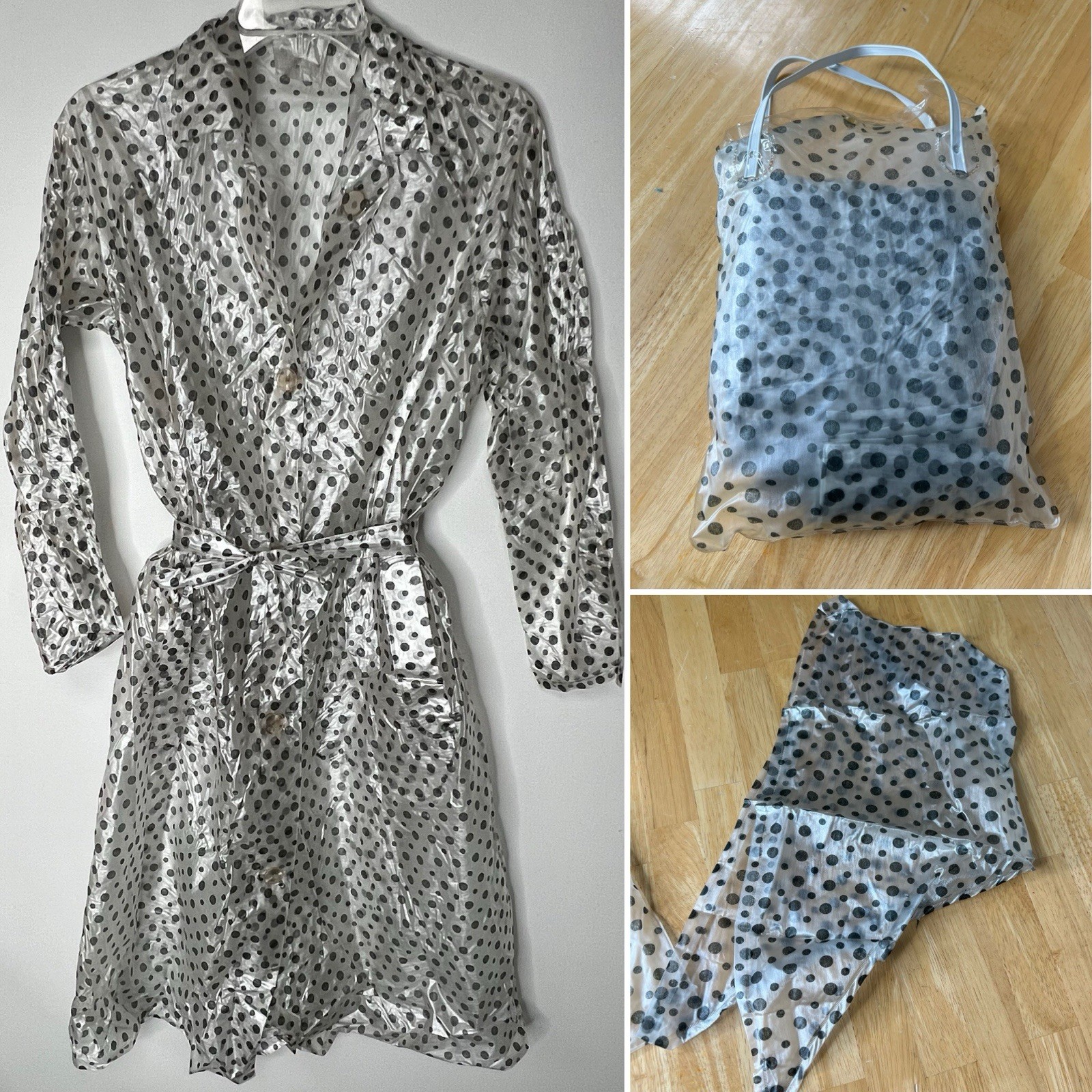 VTG 60s Clear W/ Polka Dot Vinyl Raincoat Head Cover Belt Set in Bag Mod HTF See