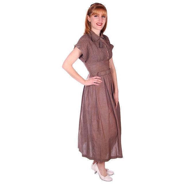 Vtg 40s Campus Star Cotton Day Dress Taupe Blue Changeable Smocked 34 27 Free