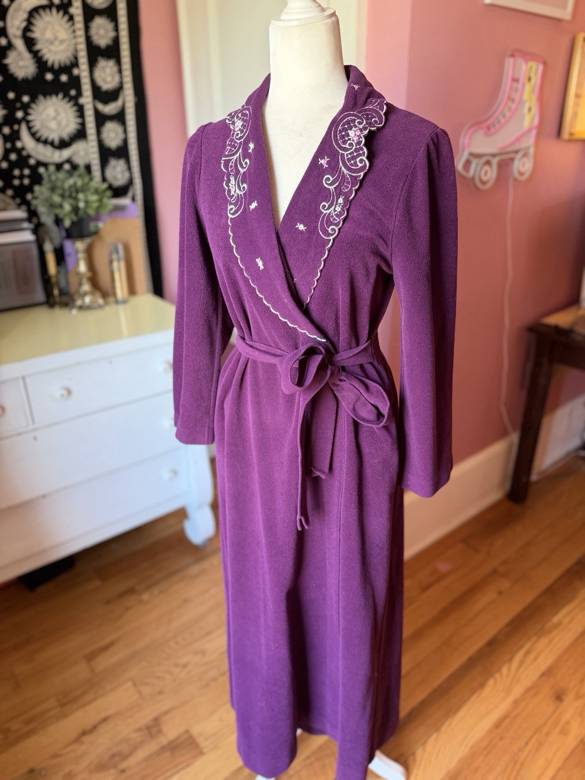 Vintage USA Shadowline Purple Velvet Floral Evening Robe Size Small