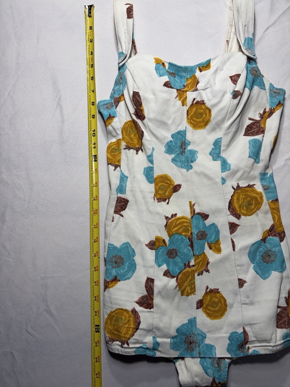 Vintage 1950s White Floral One Piece Swimsuit With Turquoise And Mustard Flowers