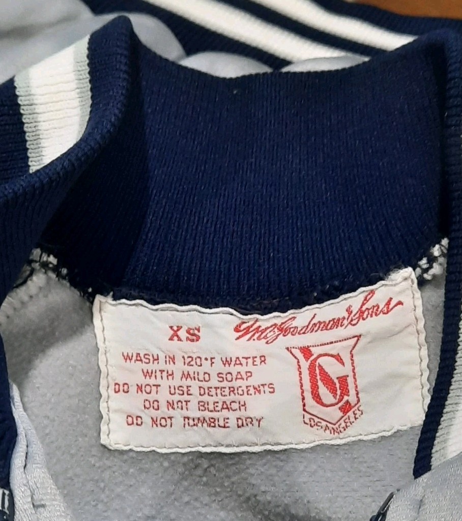 VTG 80s W.A. Goodman Sons Bomber Jacket Silver Grey Blue Varsity Striped Size XS