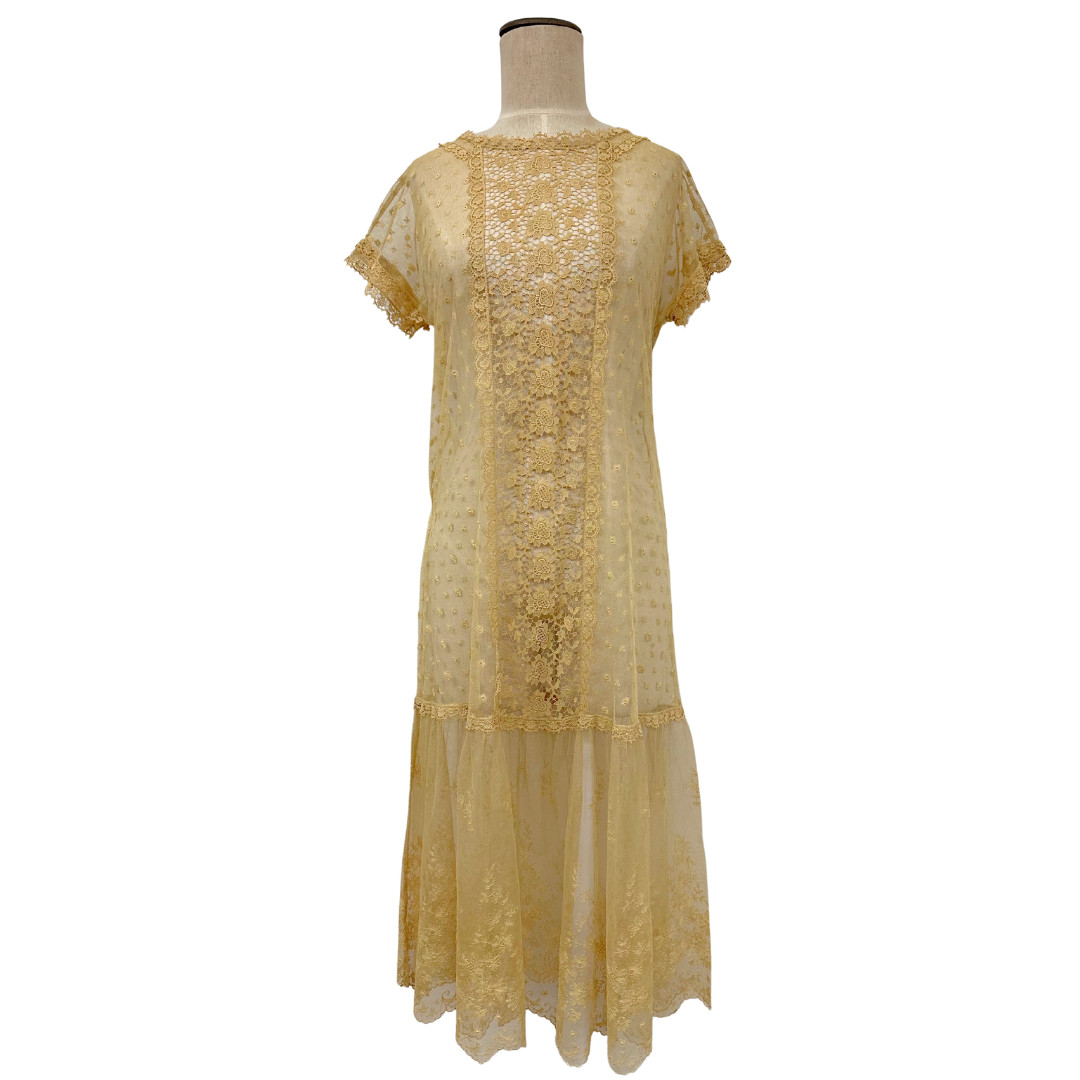 Antique 1900s Edwardian Ecru Net Lace Floral Short Sleeve Sheer Tea Dress