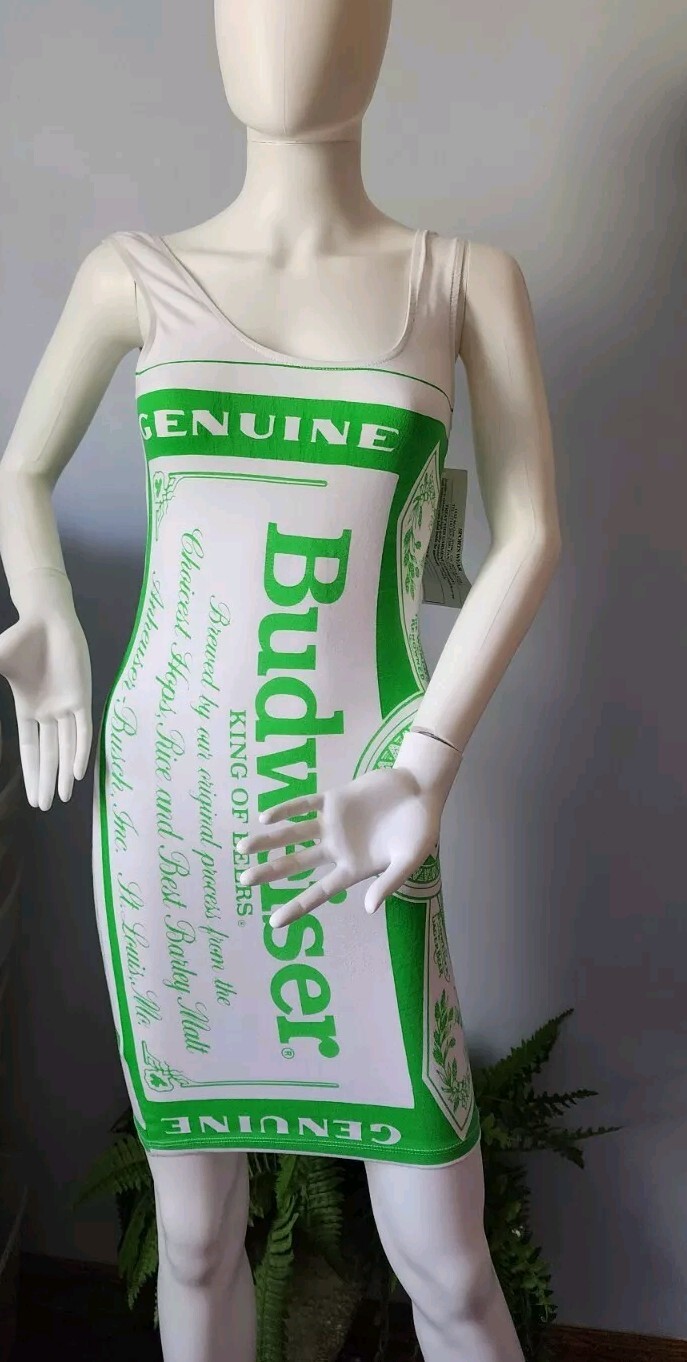 New Rare Budweiser VTG Carabella Collections green & White Sleeveless Dress sz 7