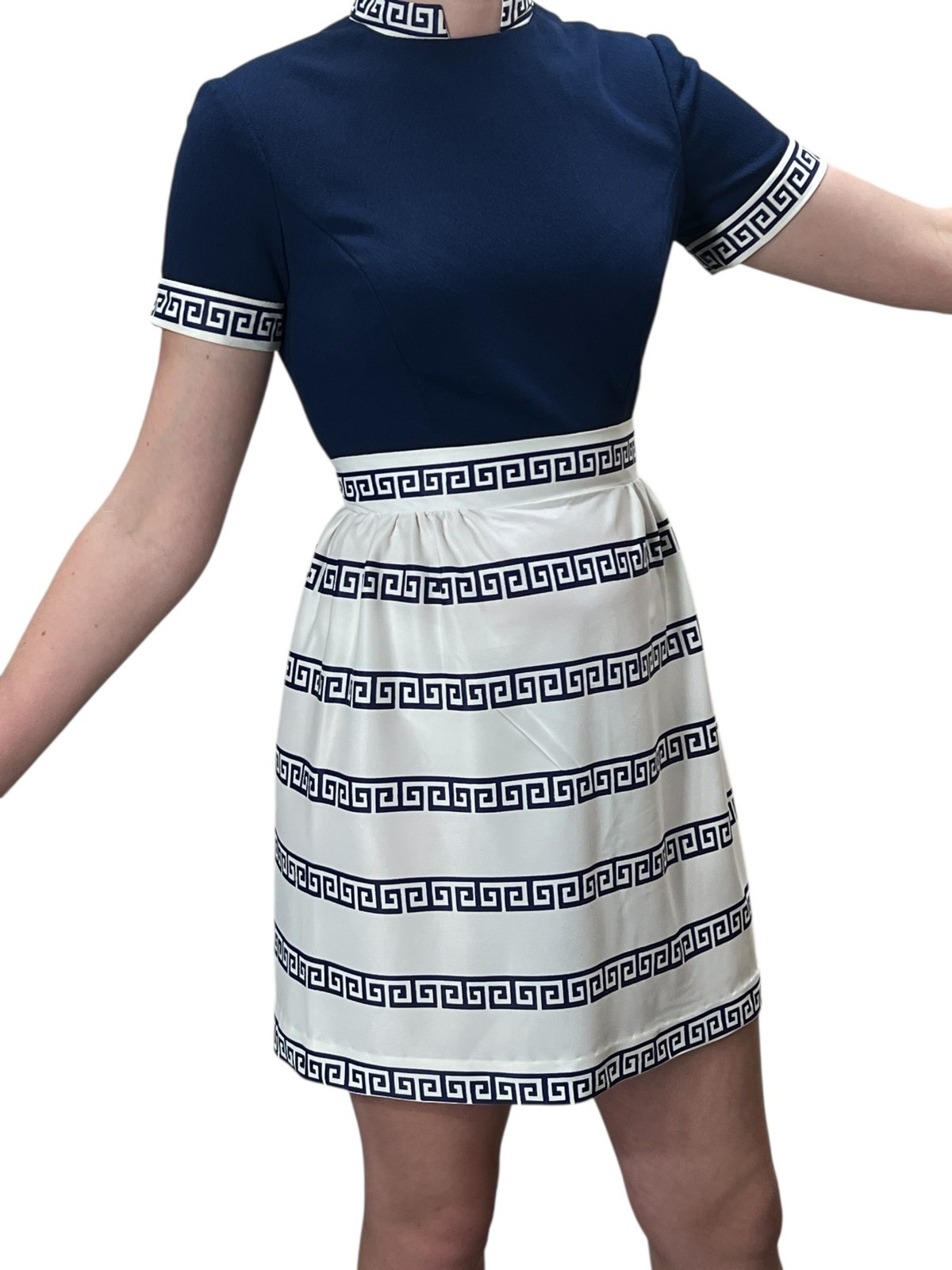 Vtg 60s 70s Sz XS~S Mini Dress MOD Navy BLUE Poly Top NYLON Knit GEO Skirt Trim