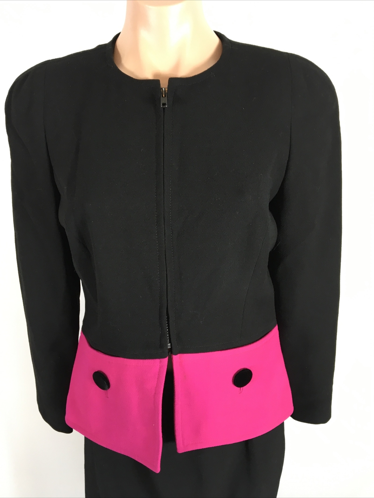 Vintage 80s Black Hot Pink Skirt Suit MOD Retro Stanley Platos Martin Ross Sz 8