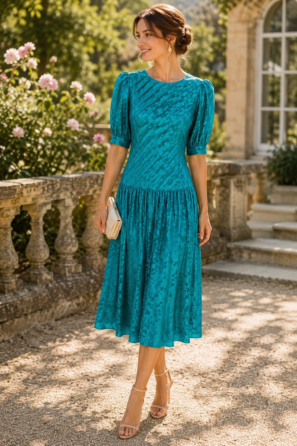 Vintage Women’s Lauren Alexandra 100% Silk Teal Jacquard Midi Dress Sz 8