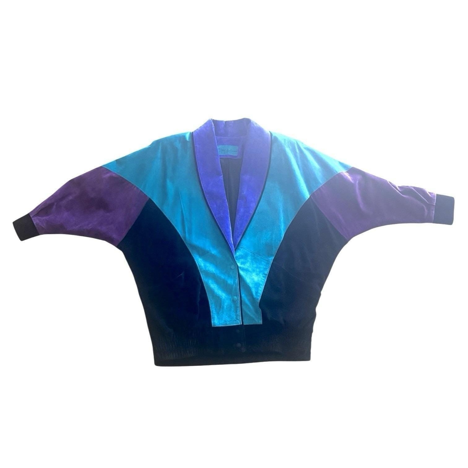 Rare Vintage Mary Hoffman Black, Teal, Purple Suede Color Block Suede Jacket M