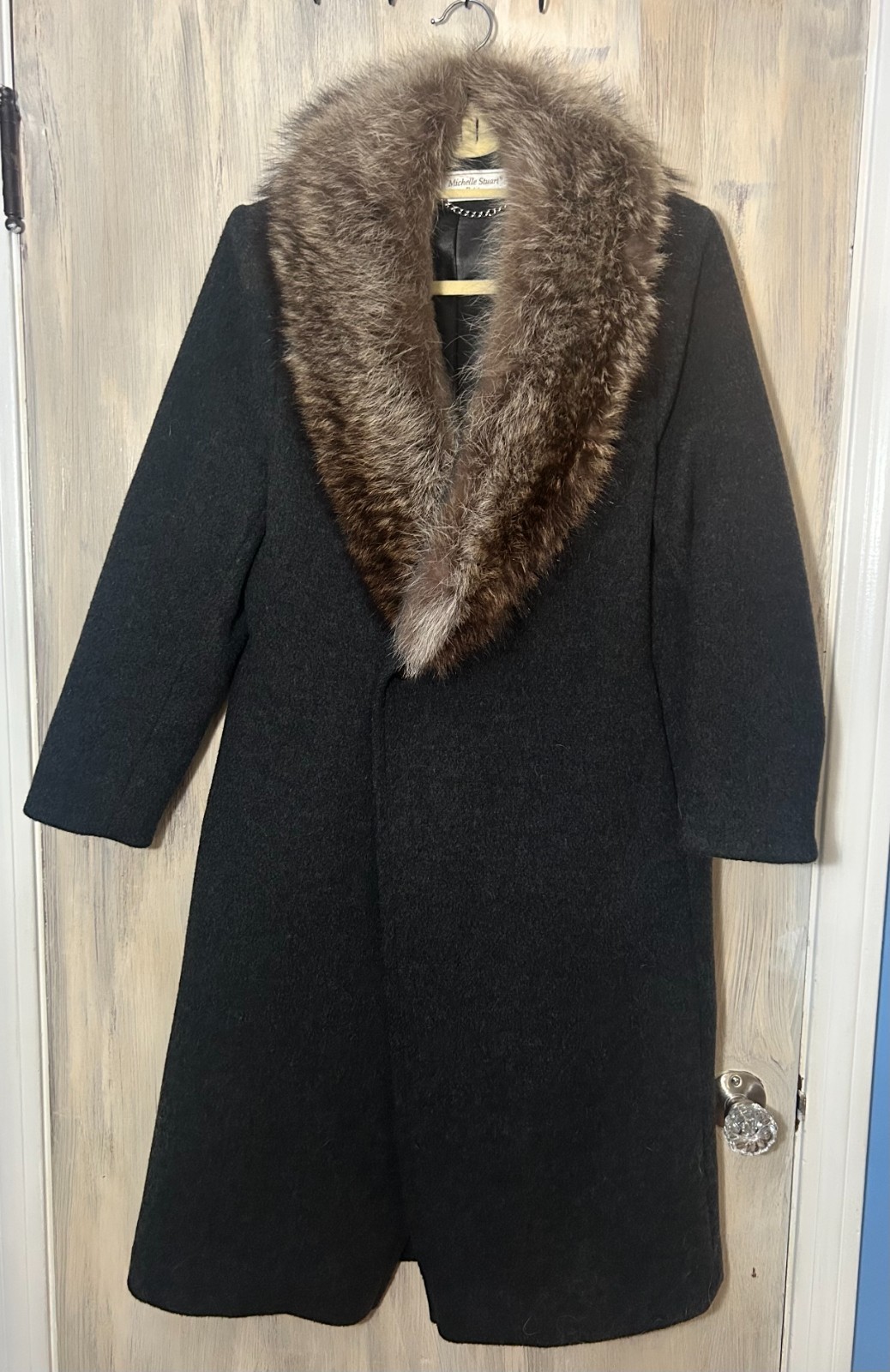 Vintage Michelle Stuart Racoon Fur Collar Black Wool Coat Jacket Med