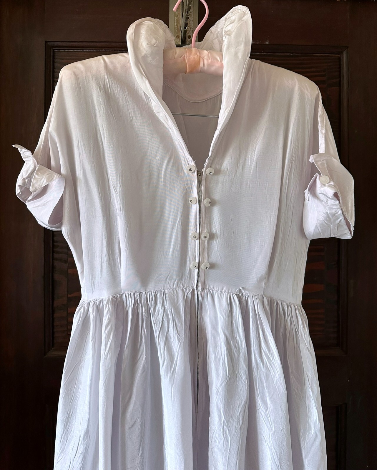 Vtg 40’s 50’s White Acetate Dress Rockabilly Formal Stand Up Collar Zip Long