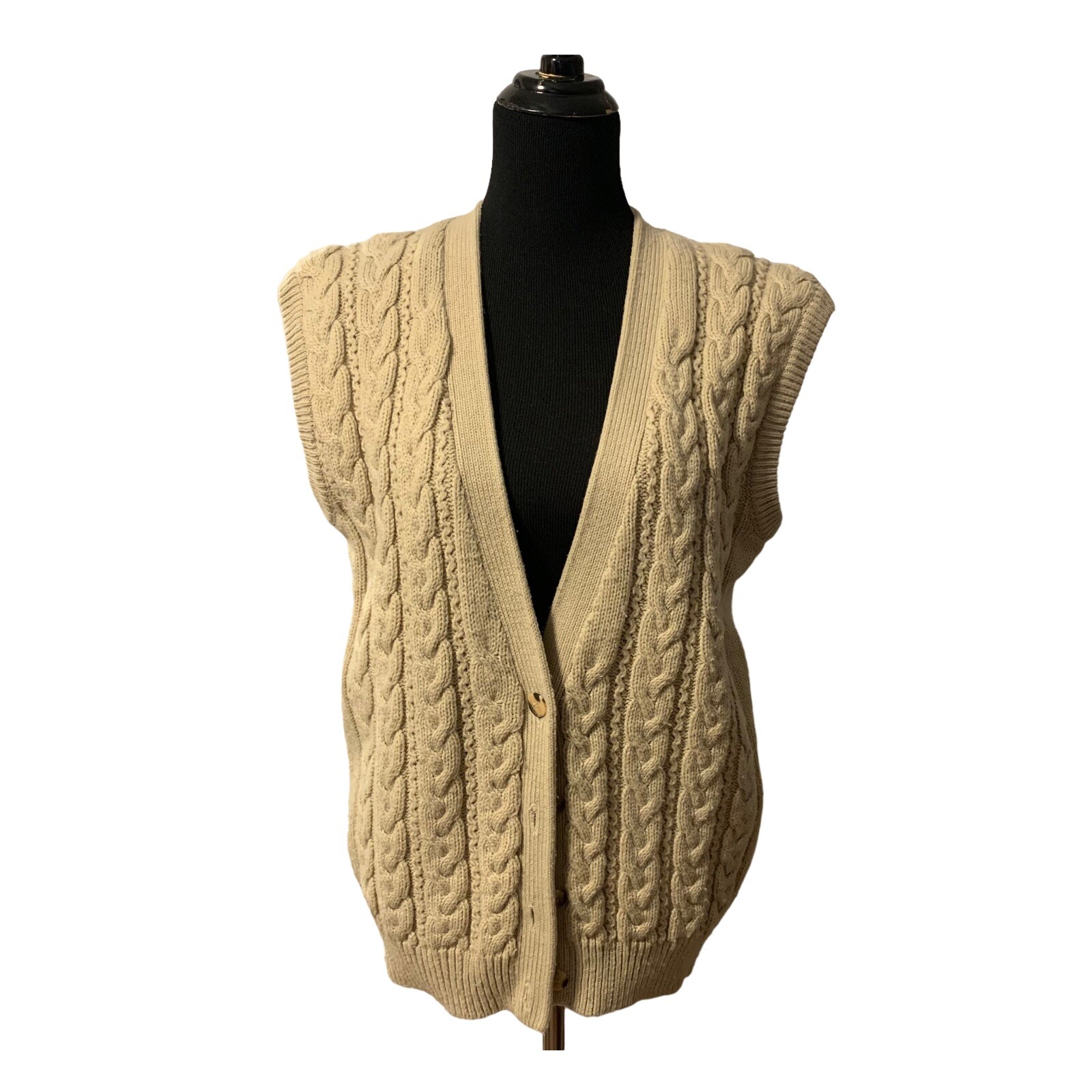 Vtg Womens Cable Knit V-Neck Sweater Vest Size M (12-14) Tan Grandma Core