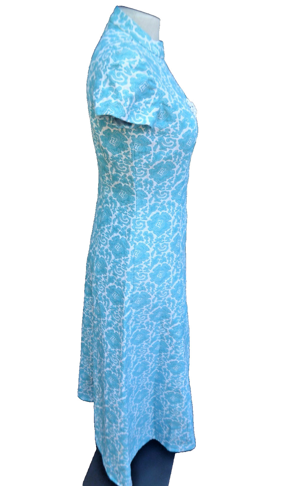 Vintage 1960s 1970s Heavy Matelasse Mock Neck Maxi Dress Blue White Hostess Gown