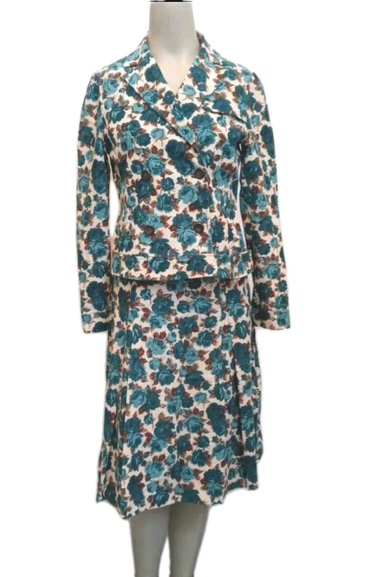 VTG Japan Women’s Large Shirt Jacket Skirt Set Blue Floral Lined Fine Corduroy