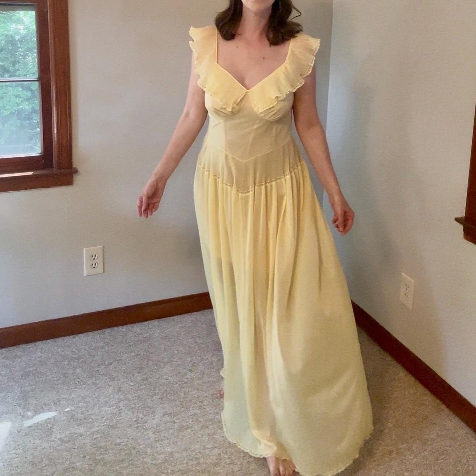 Vintage 70s Vanity Fair Romantic Ethereal Sheer Yellow Slip Dress Size Small