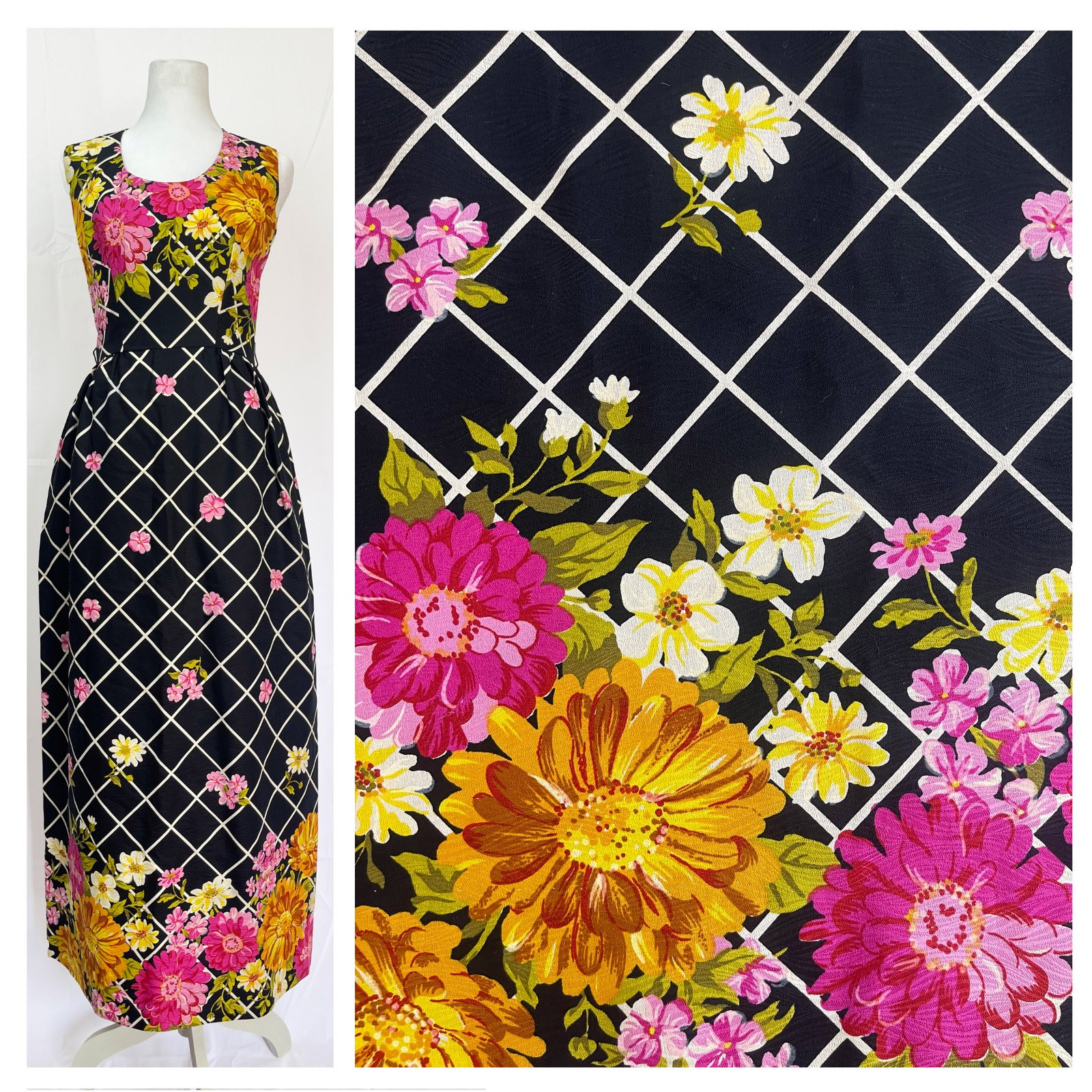 Vintage 1970s Floral Maxi Dress Pink Orange Border Print Black Sleeveless S