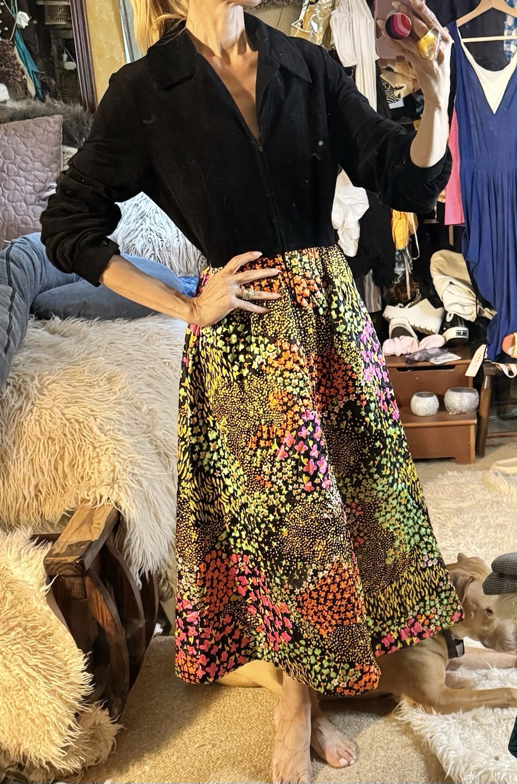 Vtg Evelyn Pearson Quilted Hostess Gown Maxi Dress Quilted Vibrant Pop Art 60s