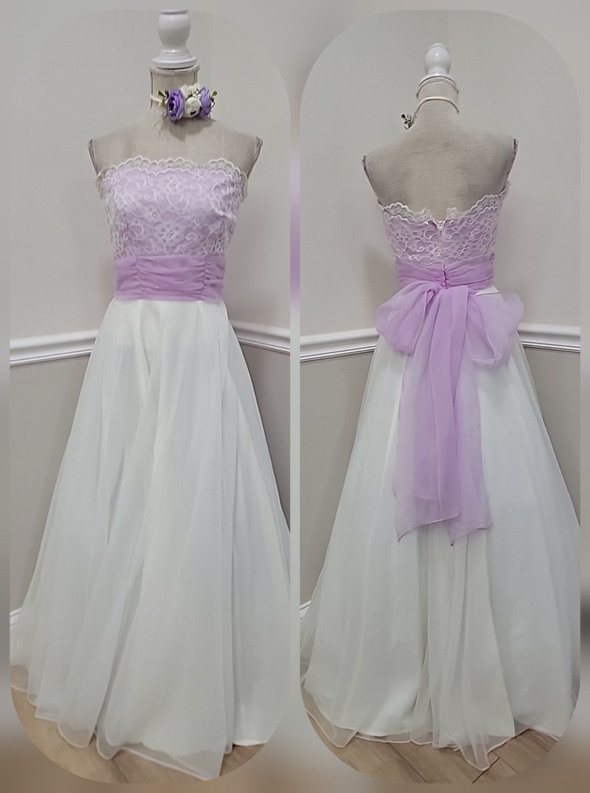 VTG’70s Lavender Lace Strapless Evening Dress ILGWU Organza Gown/Bridgerton Styl