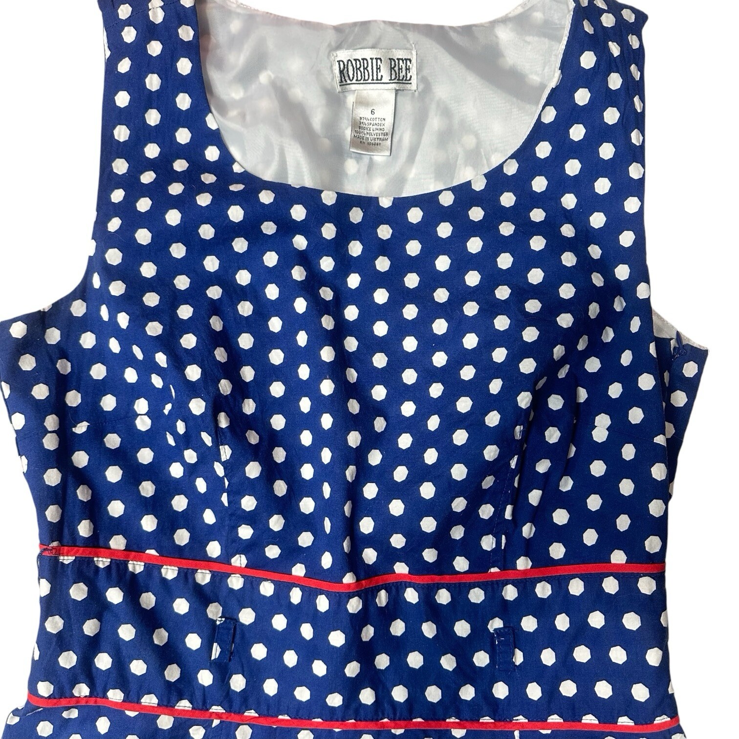Vintage 1980’s Robbie Bee Dark Blue White Polka Dot Red Accents Dress Medium 6