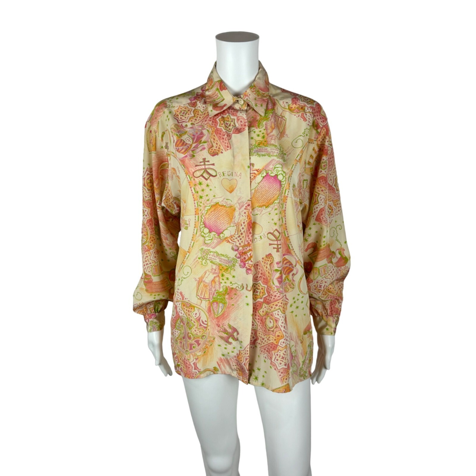 Vintage 70s Novelty Print Top Women’s Large Zodiac Orange Pink Button Down Blous
