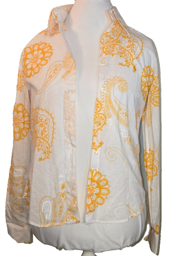 Vintage STYLE 70s Polo Ralph Lauren. Women’s Blouse Yellow Paisley, Long Sleeve