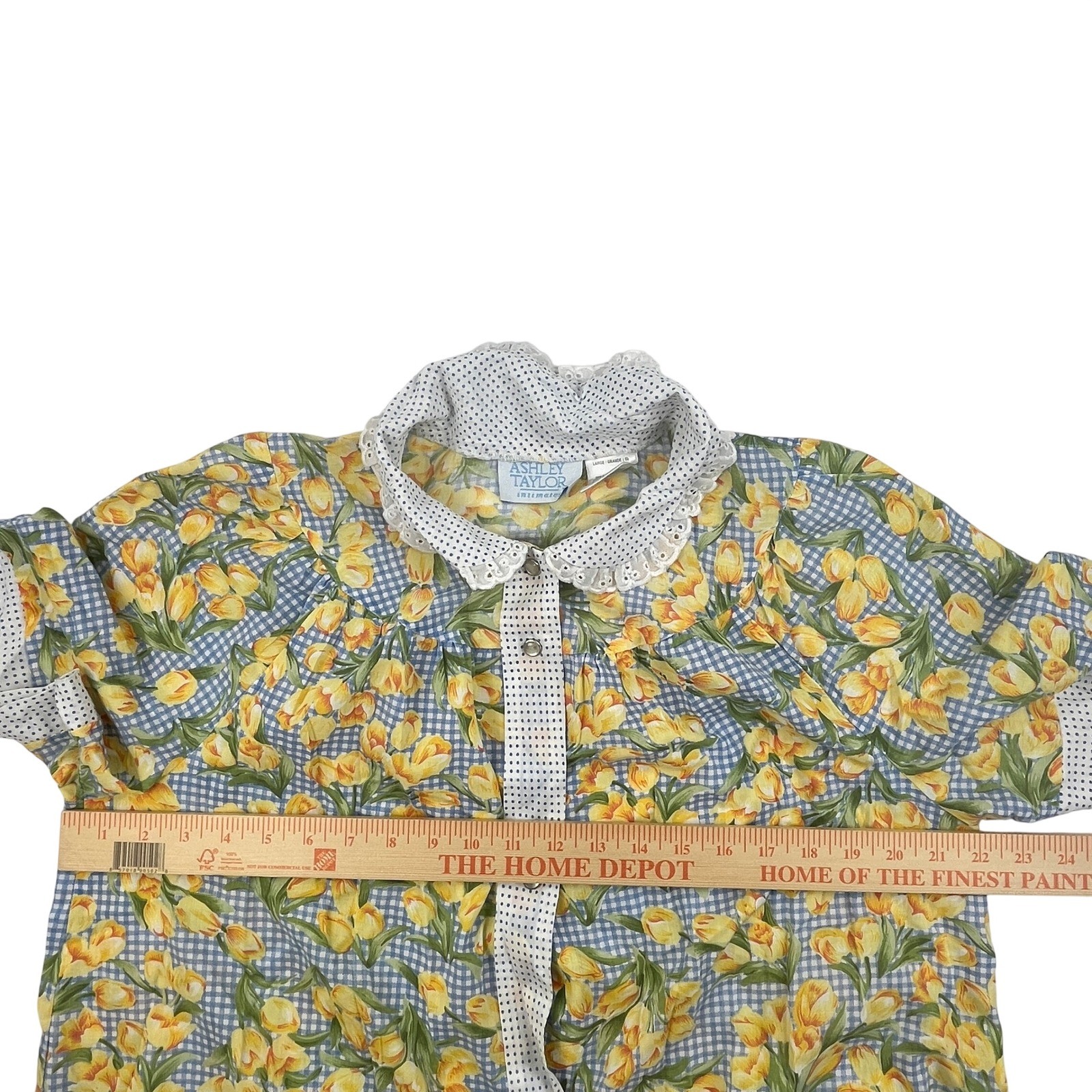 Ashley Taylor Floral Gingham Pearl Snap House Dress Blue Yellow Large Vintage