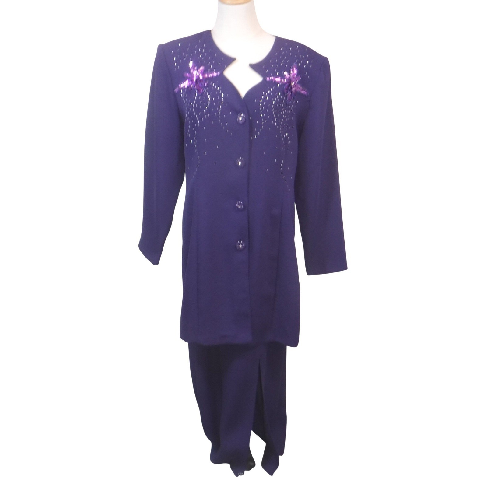 Vintage Dolce Purple Sequin Floral Longline Blazer Maxi Skirt Suit Set Size L