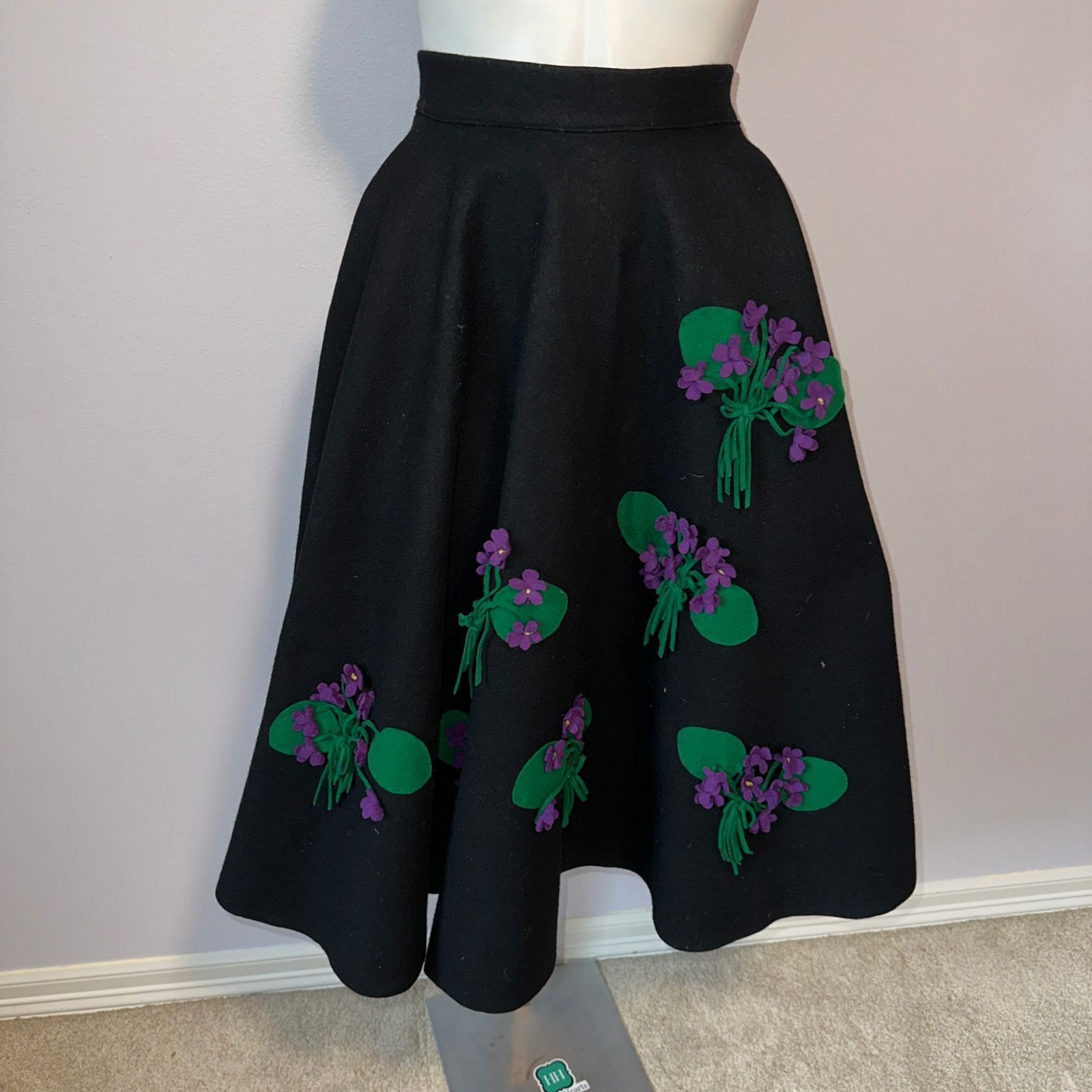 Vintage 50s Black Felt Circle Skirt Purple Floral Applique Wool Rockabilly XS