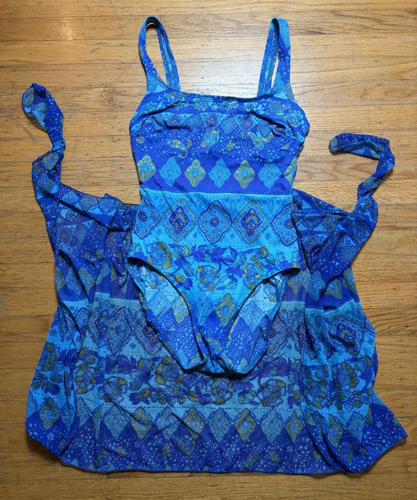 Vintage 80s 90s Slim Allure Swimsuit & Wrap Cover Up Set Sz 10 One Piece Blue