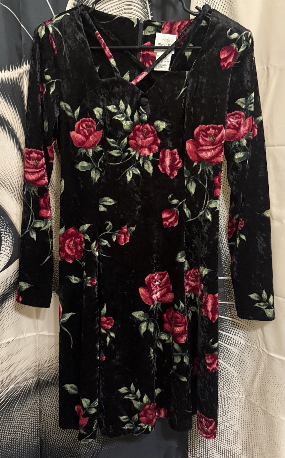 Vintage 90s TR Bentley Sz 10 Black Velvet Floral Rose Dress Punk Goth