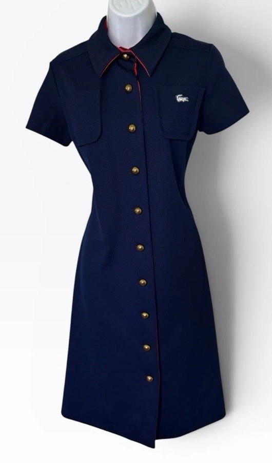 Vtg 60s New David Crystal Lacoste Shirt Dress 10 Alligator Blue Red Buttons NWOT