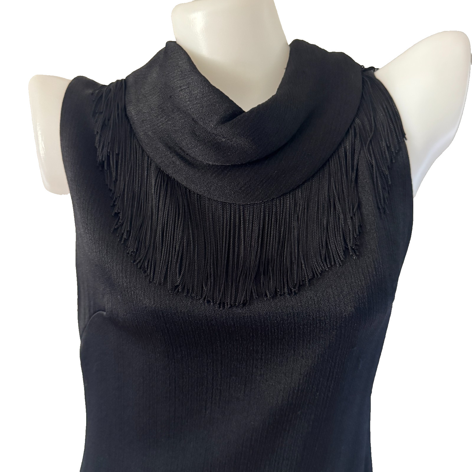 vtg 60s MISS THEME NY Black Go-Go Dancer FRINGE Mini Shift Dress Costume Mod LBD