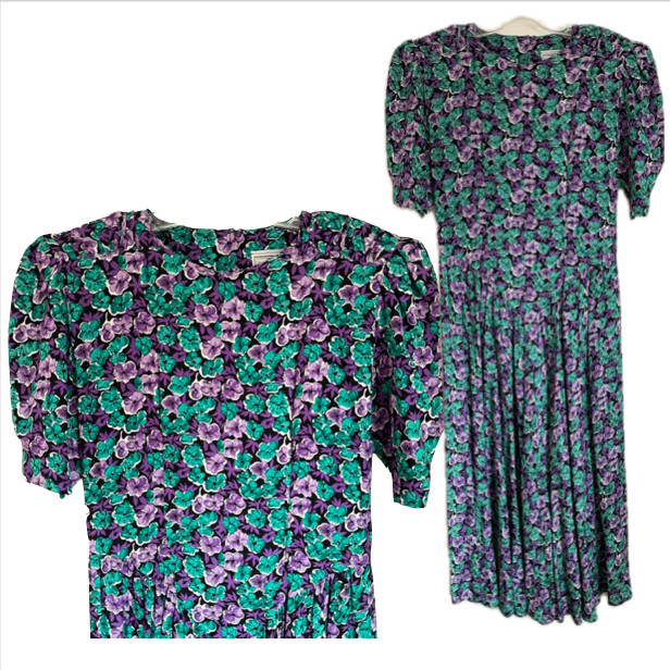 Vintage Ed Michaels Black Dress with Purple, Green and White Florals Size 9/10