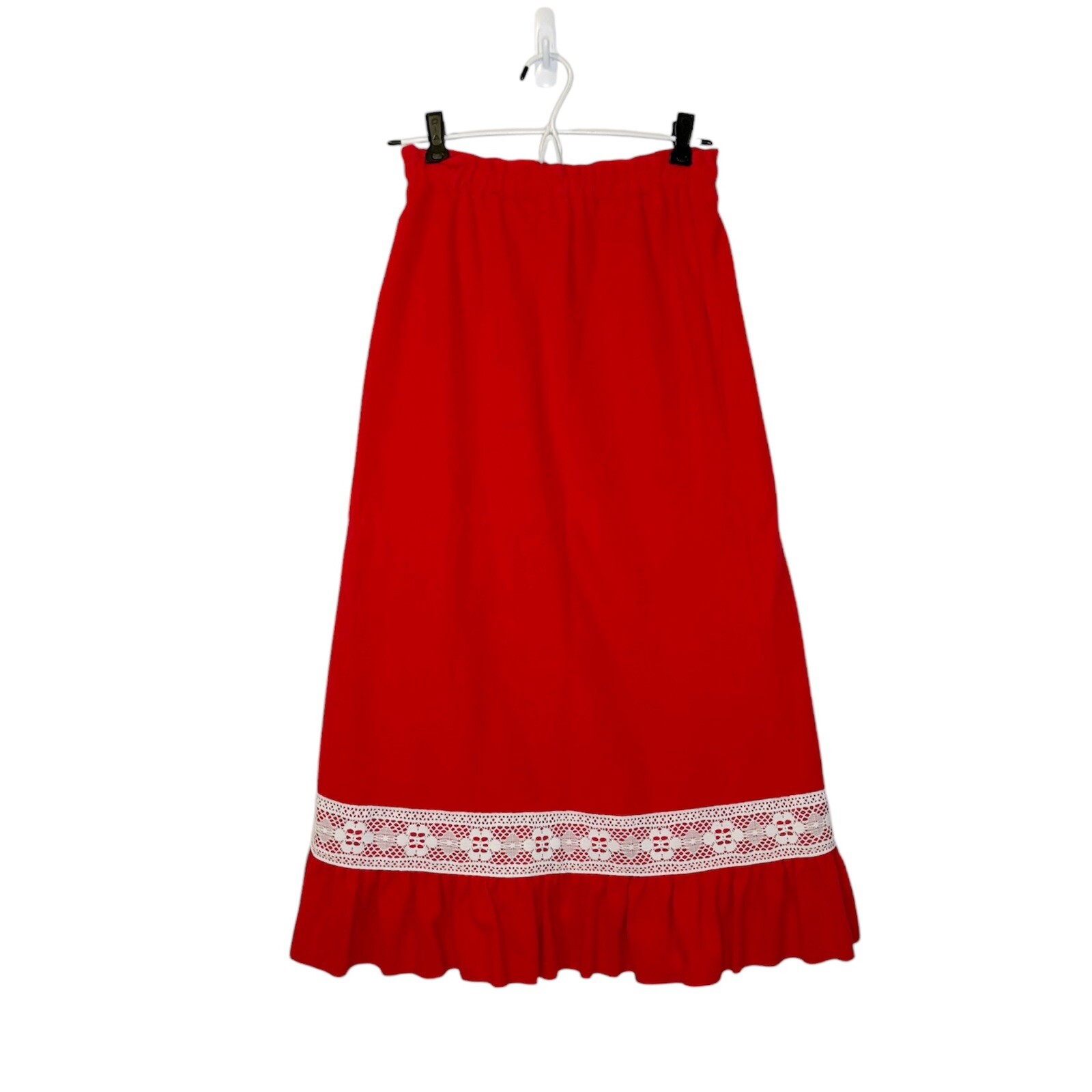 Vintage 60s 70s Red Felt Lace Ruffle Trim Prairie Midi Skirt XS/S
