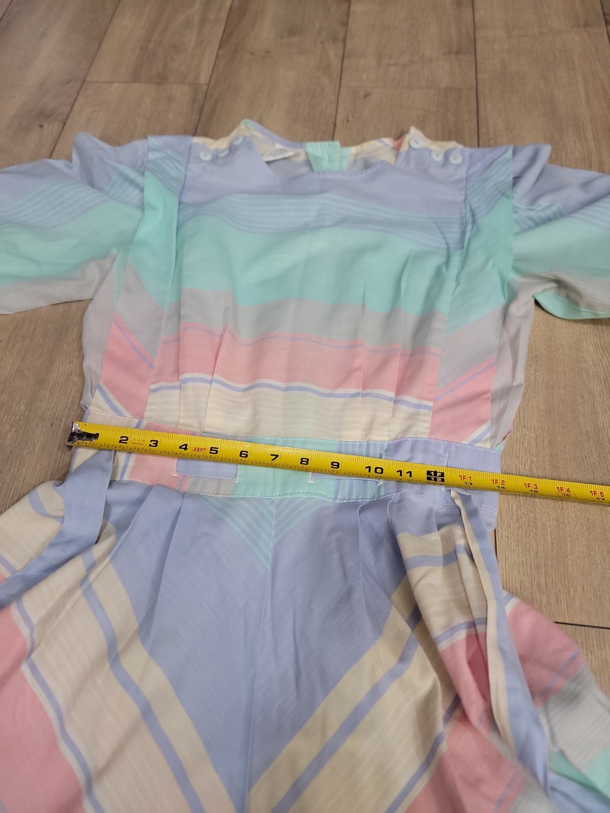 VTG 80s Pastel Stripe Fit & Flare Midi Dress Belted Cottagecore Prairie Secretar