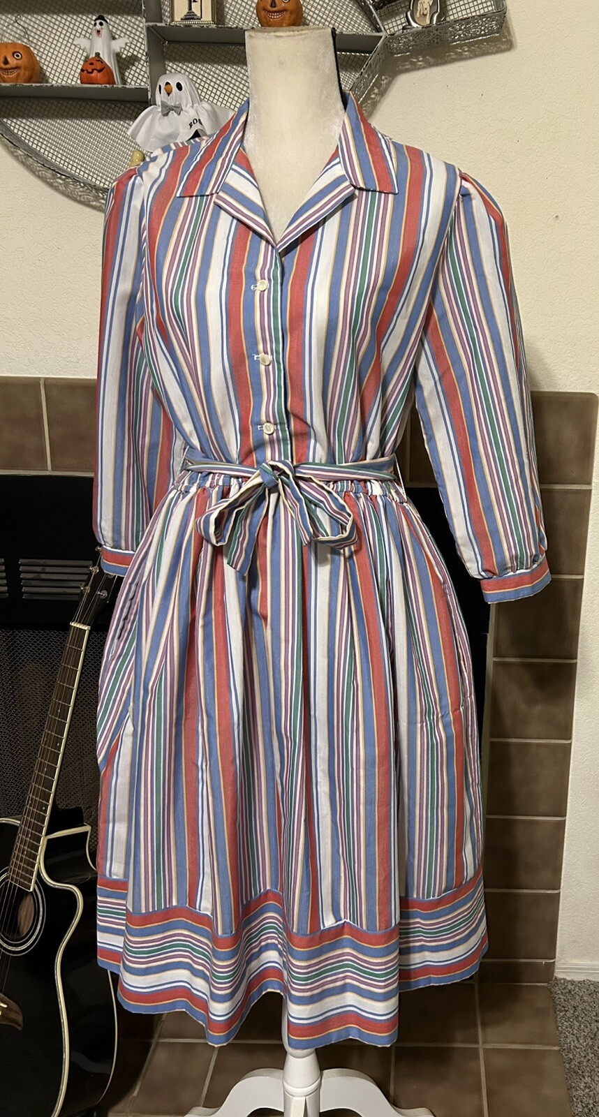 Vintage 1970s Dress Serbin Fit and Flare Striped Shirtdress Sz Large