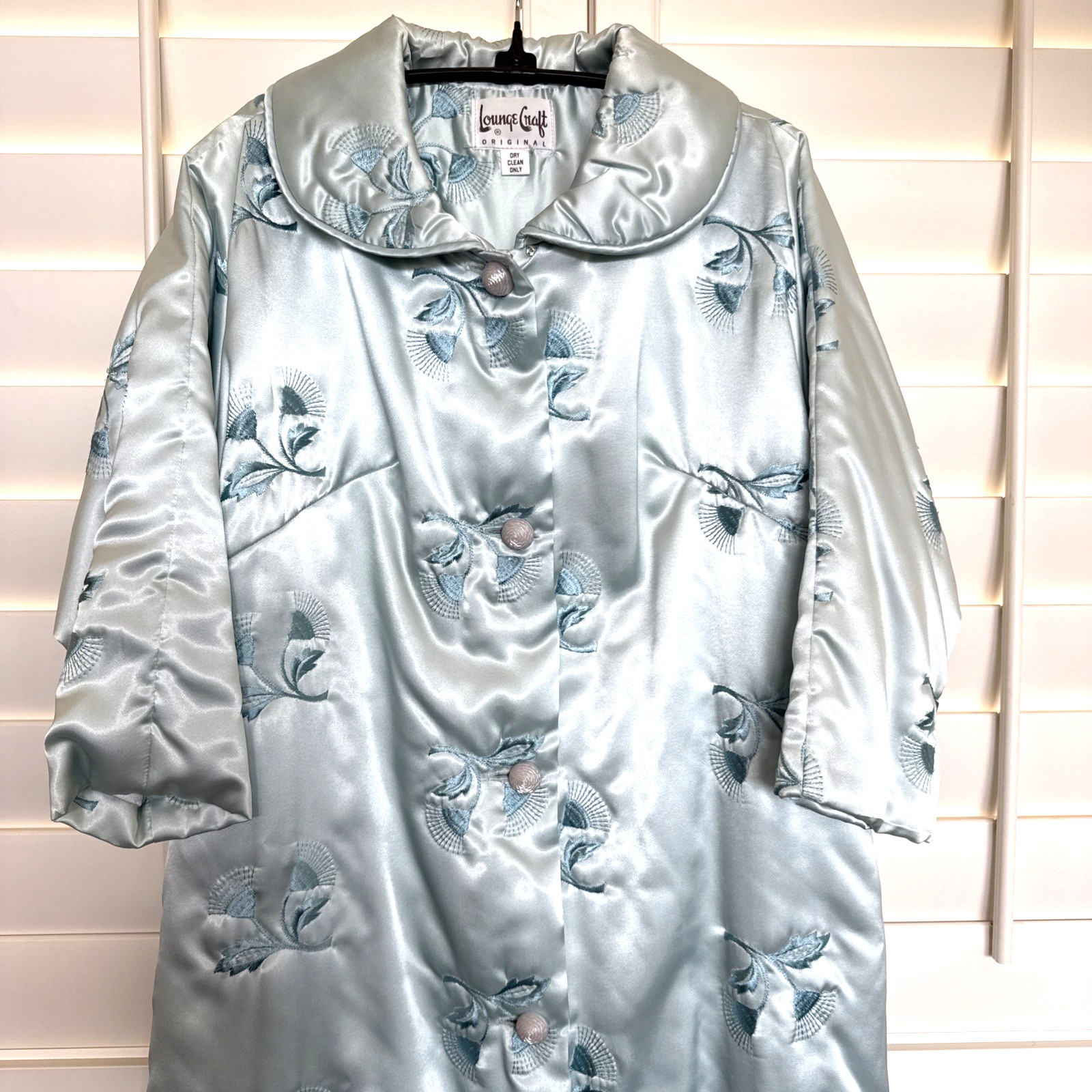 WOW! Vintage Lounge Craft Satin Blue Embroidered Maxi Robe S/M STUNNING & Mint