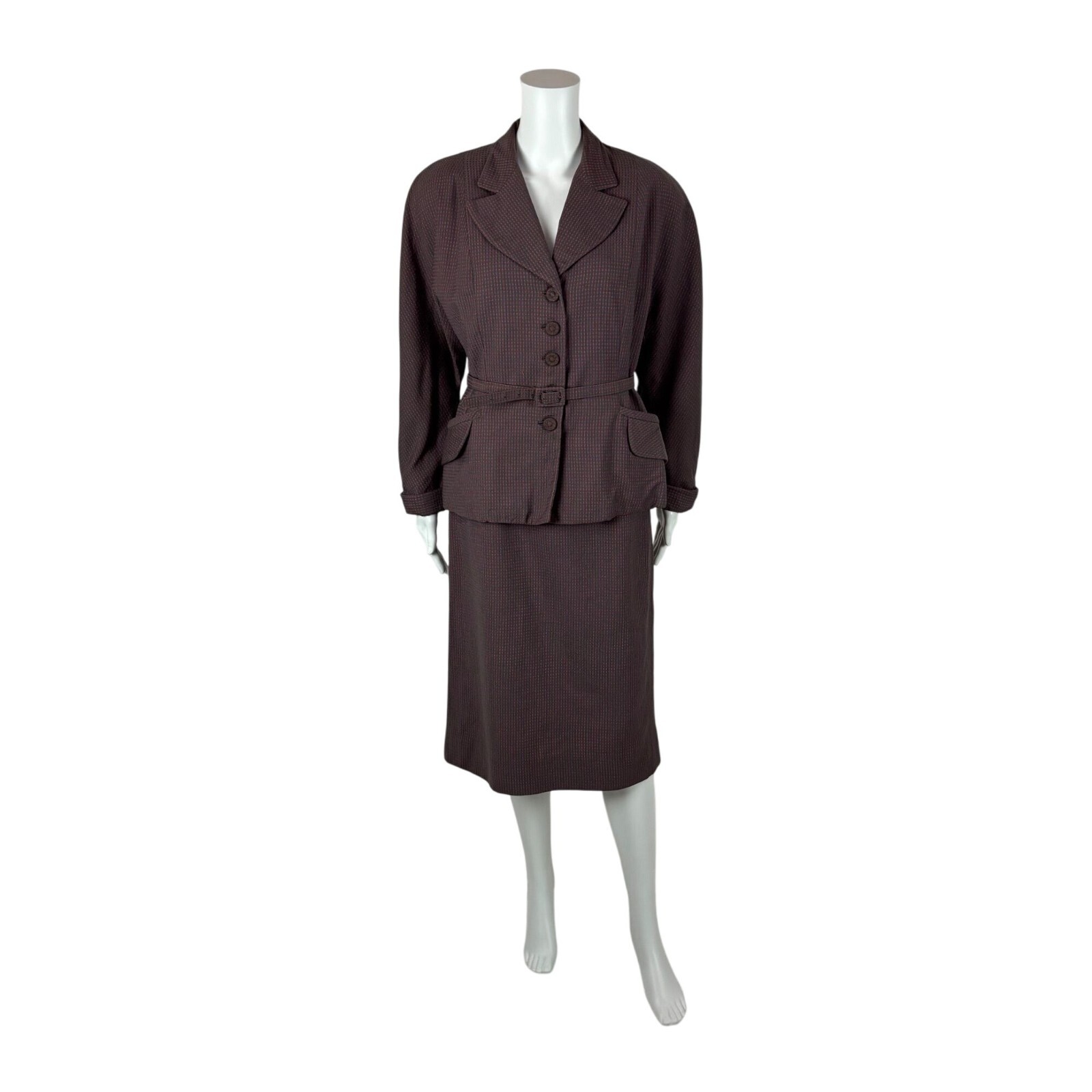 Vintage 40s Pink Suit Women’s Small Gray Checkered Fitted Jacket Skirt Set
