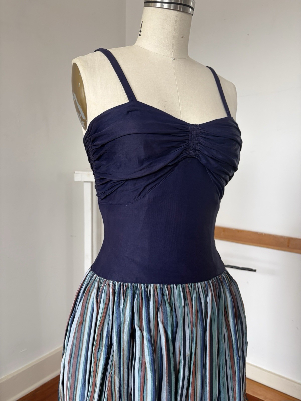 Vintage 40s Rayon Maxi Dress Ruched Bodice Colorful Striped Full Sweep Skirt XXS