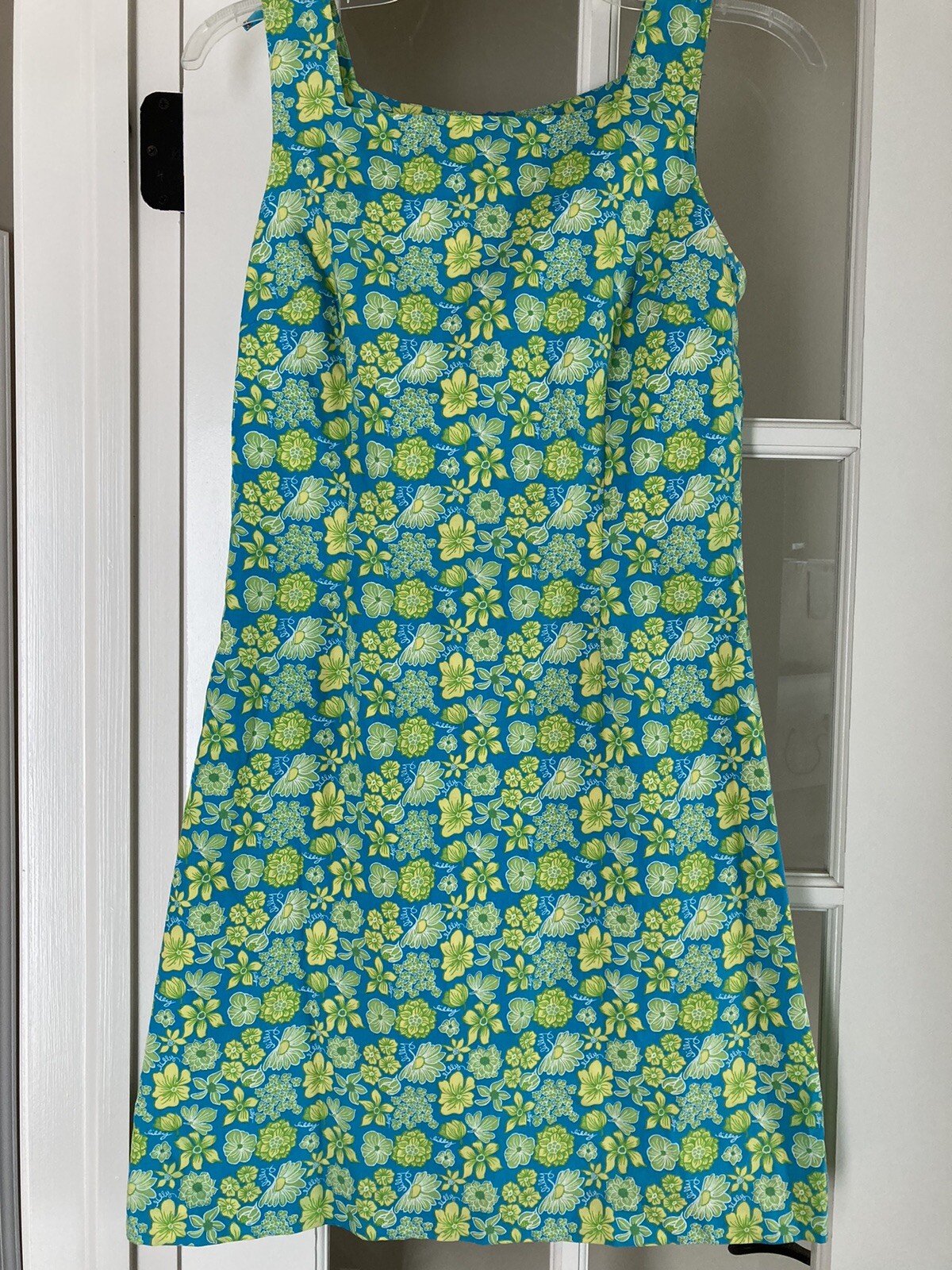 LILLY PULITZER LIME GREEN & AQUA FLORAL SLEEVELESS SUN DRESS – SZ 2