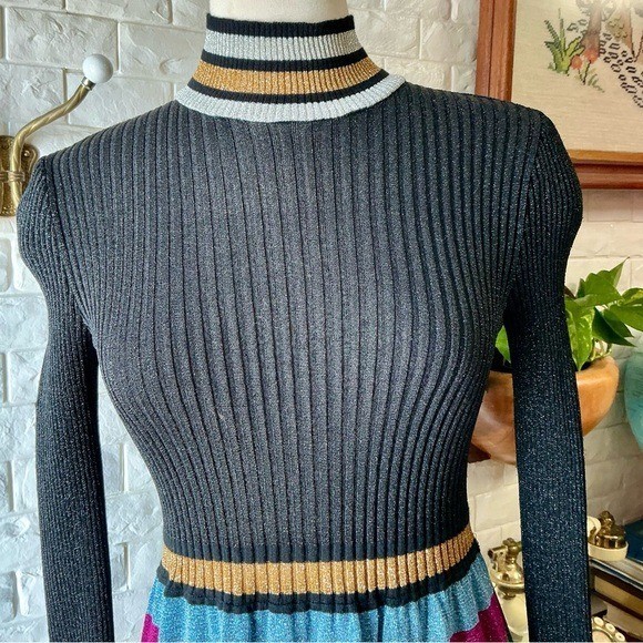 Vintage 1970s Italian Metallic Striped Colorblock Glitter Lurex Ribbed Knit Gown