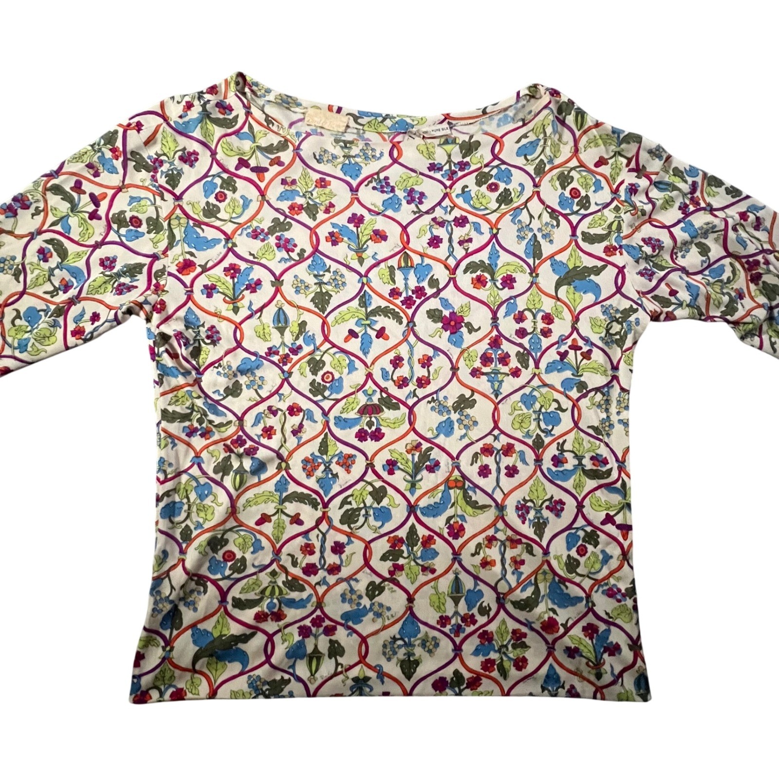 Emilio Pucci Vintage 60s Top Womens 8 Multicolor Signature Silk Floral Trellis