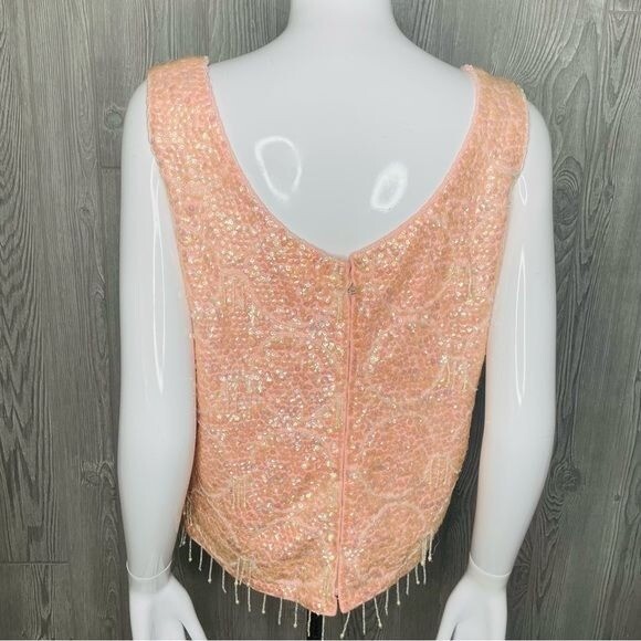 Vintage 1960s pink beaded sequin tassel fringe silk shirt barbie core sleeveless