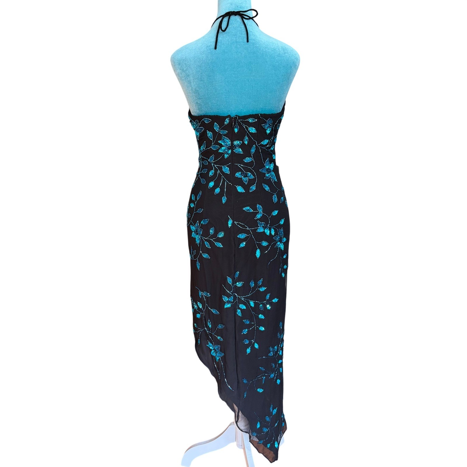 Cache Womens Silk Halter Maxi Black Teal Sequin Beaded Prom Fairy